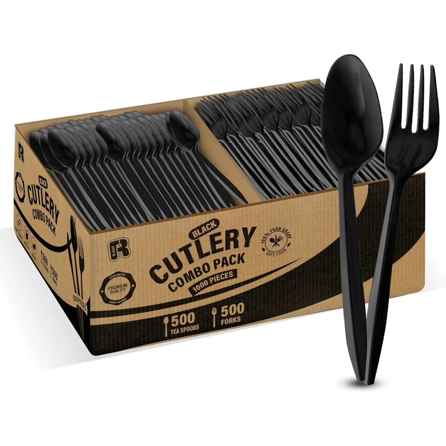 1000 count Black Plastic Utensils Set - 500 Forks And 500 Teaspoons, Plastic Forks And Spoons Set - Bulk Black Cutlery Set