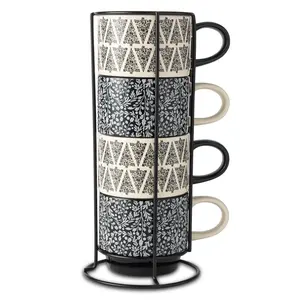 10.5 Fl oz Assorted Holiday Tree Print 4-Pack Ceramic Stacking Mugs - Black and White - Drinkware