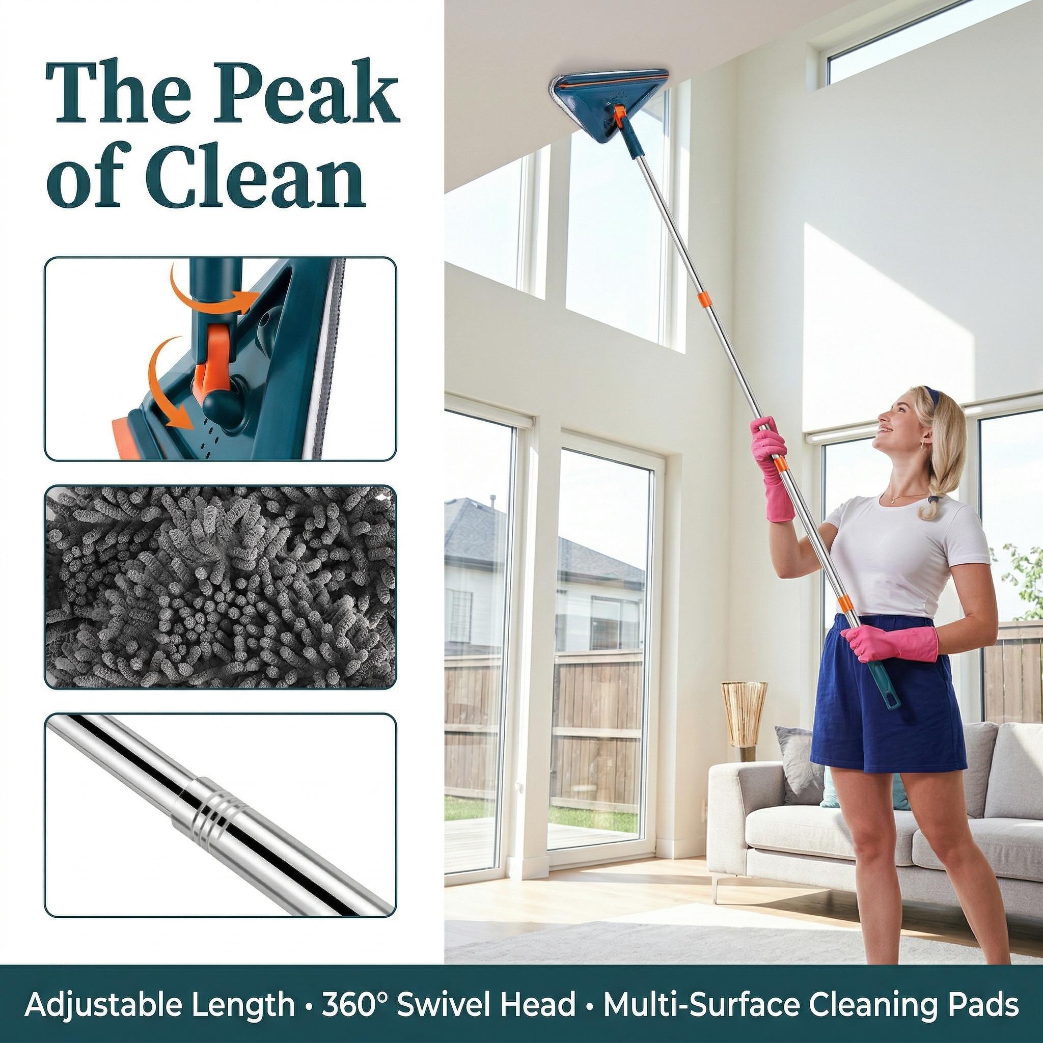 Long Handle Wall Cleaner AdjustableLength Wall Mop with 360° Spinning Head for Walls Ceiling Fans Floors Baseboards Dust Kitchen General Purpose 6 Replacement Pads