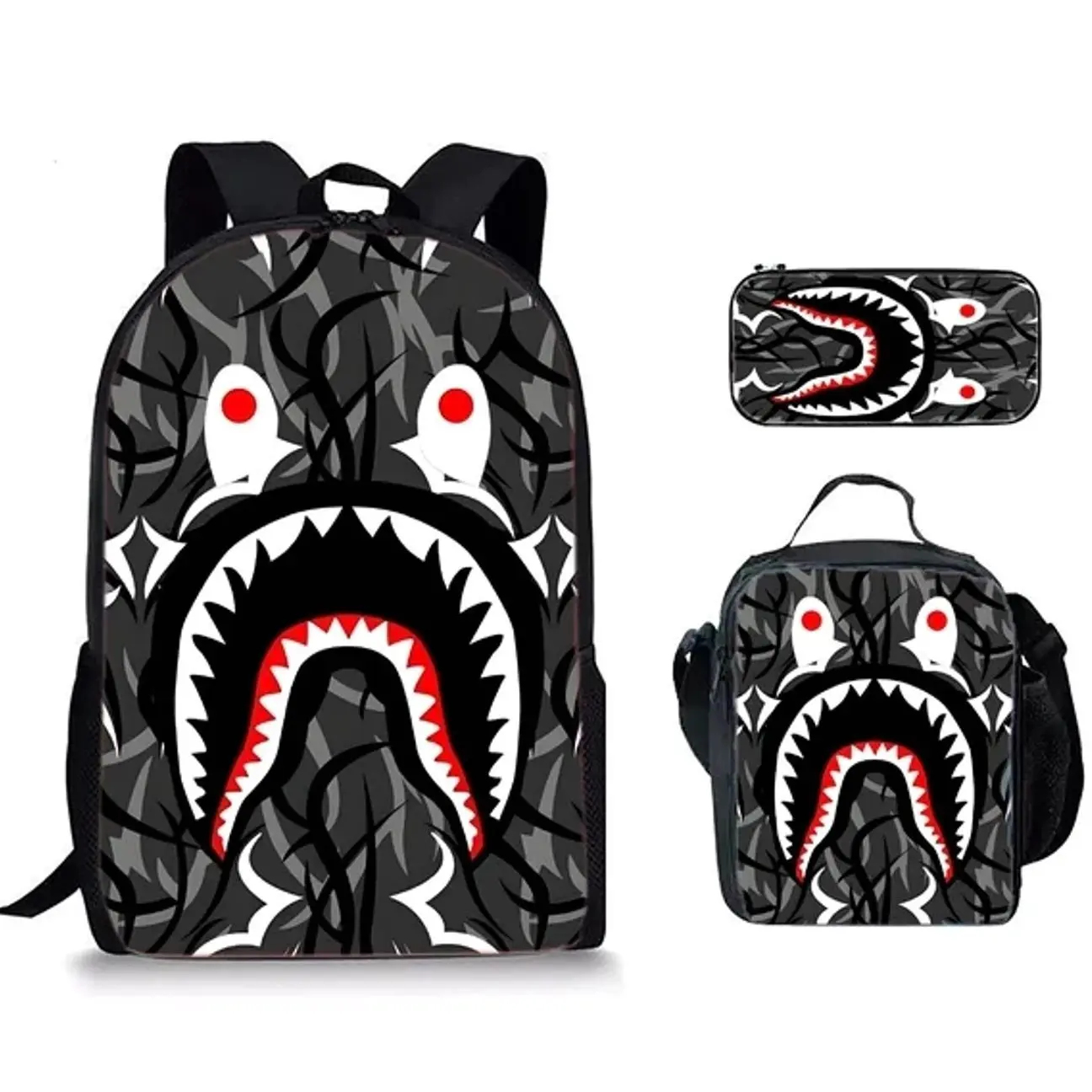 Cool Urban Camo Shark Graphic Streetwear School Bag 3-in-1 Combo - Fashionable Large Capacity Lightweight Laptop Backpack Lunch Tote Pencil Pouch