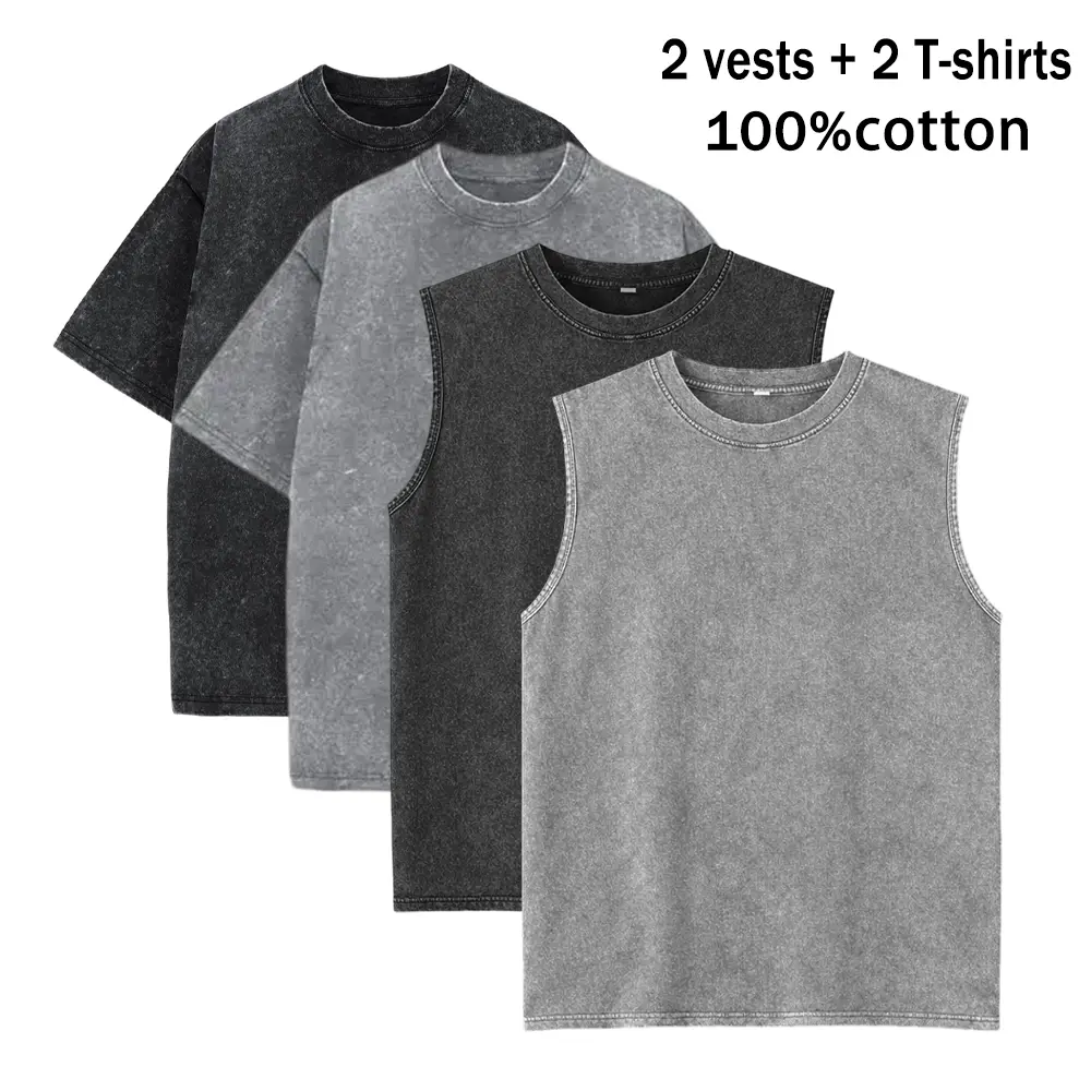 Men’s Casual Menswear 4-Piece Washed Vintage Summer Set - 2 Sleeveless Plain Round Neck Tanks + 2 Plain Round Neck T-Shirts, 100% Pure Cotton, Loose Fit, Tshirt