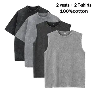 Men’s Summer Washed Vintage Short-Sleeve Tank Top Set, 4-piece combo (2 tanks + 2 T-shirts), 100% pure cotton, loose fit