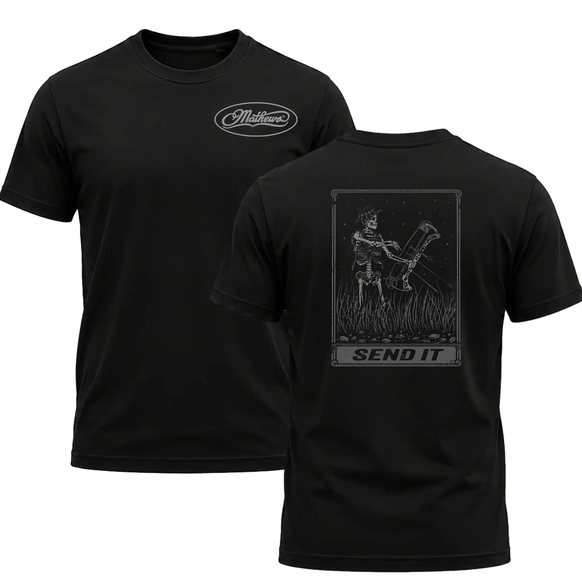 Mathews "Send It" Men's Shirt, Hunting T-shirt, Crew Bowhunting Shirt, Deer Skull Archery Tee, Archery Tactical Gear, Unisex Short Sleeve Casual 100%, Outdoor Gift For Men, Made In USA.