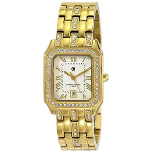 212 MAIN Women's Fashionable Wristwatch - Analog, Japanese Quartz, Stainless Steel, Rectangular, Charles-Hubert Paris Design with Crystal Accents, Gold Option