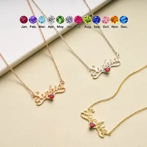 N2073 Personalized Engraving Custom Name Pendant Heart-shaped Birthstone Stainless Steel DIY Necklace