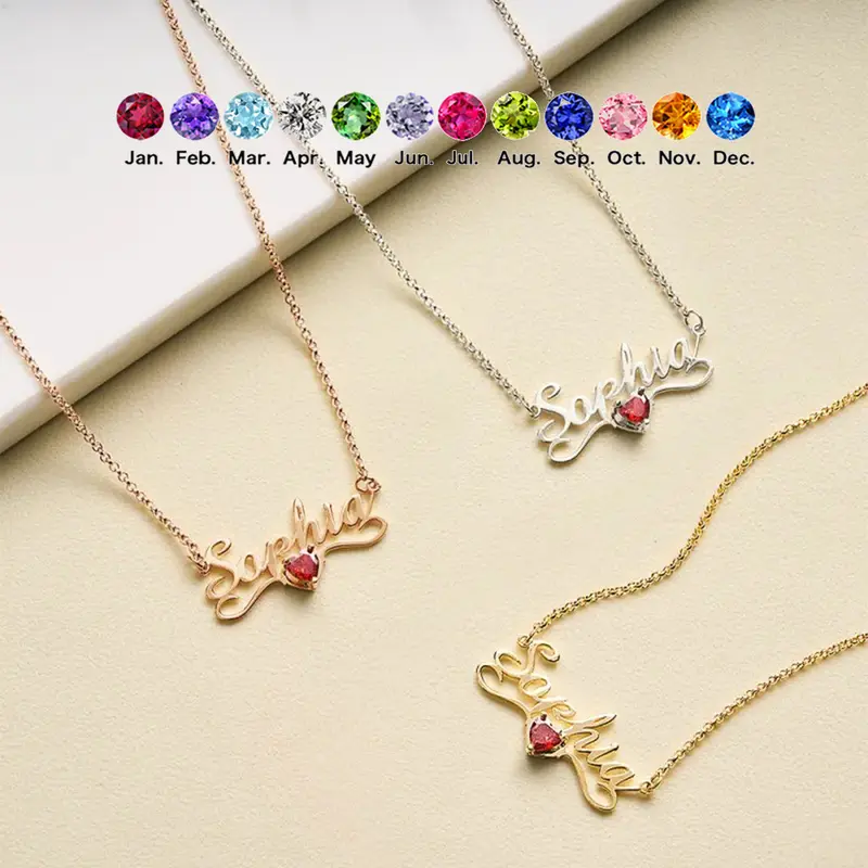 N2073 Personalized Engraving Custom Name Pendant Heart-shaped Birthstone Stainless Steel DIY Necklace For Mother's Day