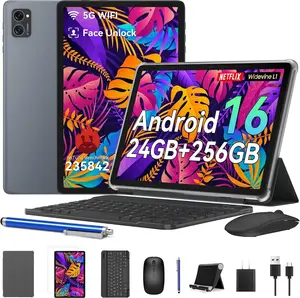 2026 Tablet Android 16, 10 Inch Tablet with Keyboard Mouse Stylus, 24GB+256GB/2TB TF, Widevine L1/Octa-Core/8MP AI Camera/1080P/5G WiFi/OTG/GPS/Bluetooth 5.0/Face Unlock/Gaming/4 Years Warranty Audio Cellphone Smartphone Touchscreen Streaming Expandable