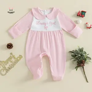 Kids Girls Fall Romper Stripe Print Letter Embroidery Long Sleeve Doll Collar Full Length Jumpsuit