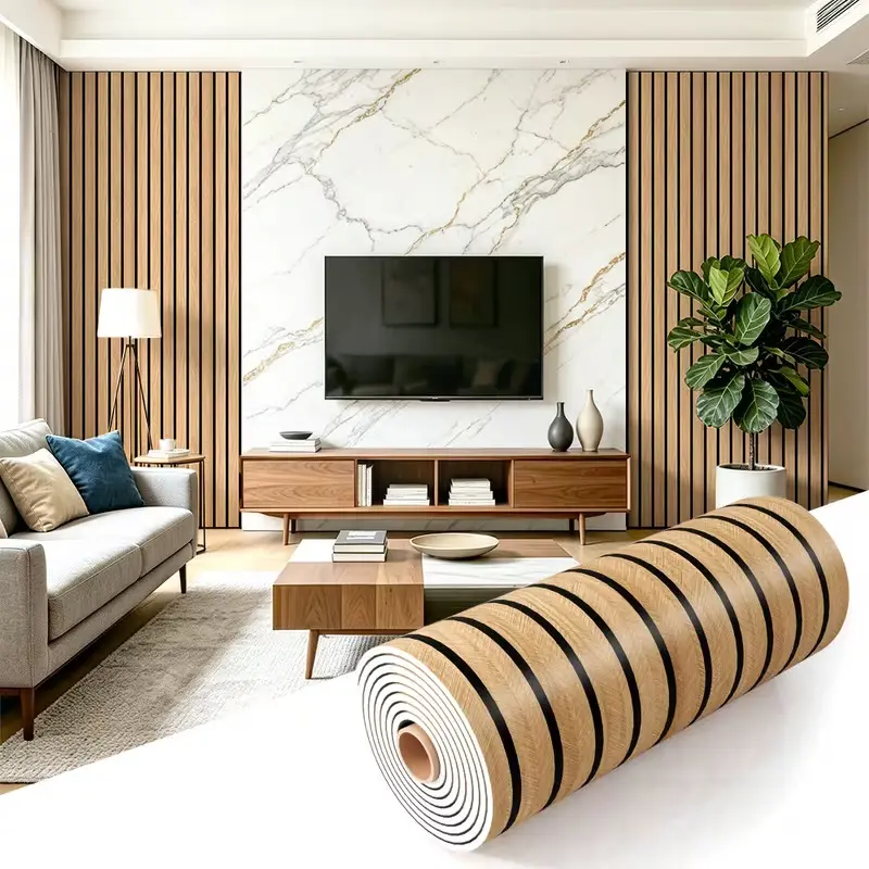 Self-Adhesive 3D Wood Grain PVC Wall Sticker – Thick Large Roll Peel & Stick Slat Wall Panel, Easy to Install for Walls and Ceilings, Ideal for Living Room, Bedroom, Office Makeover – 15.75 in × 118.11 in per Roll