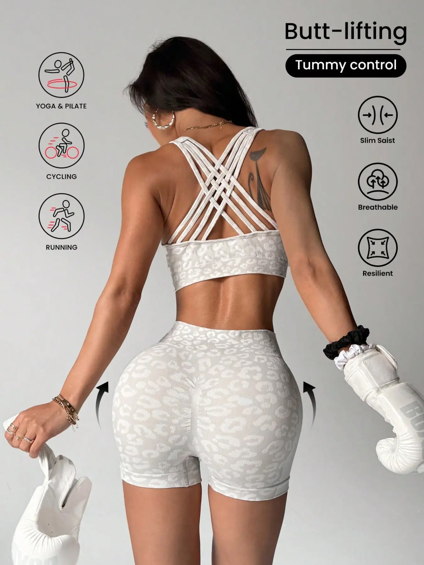 Women's Leopard Print Sports Set, Athletic Set, High Waist Butt Lifting Shorts, Yoga Fitness Running Outdoor Sportswear, Sports Tummy Control, Slim-Fitting Above the Knee, Athleisure Summer Clothes, Athletic Sports Clothing, High Stretch Activewear