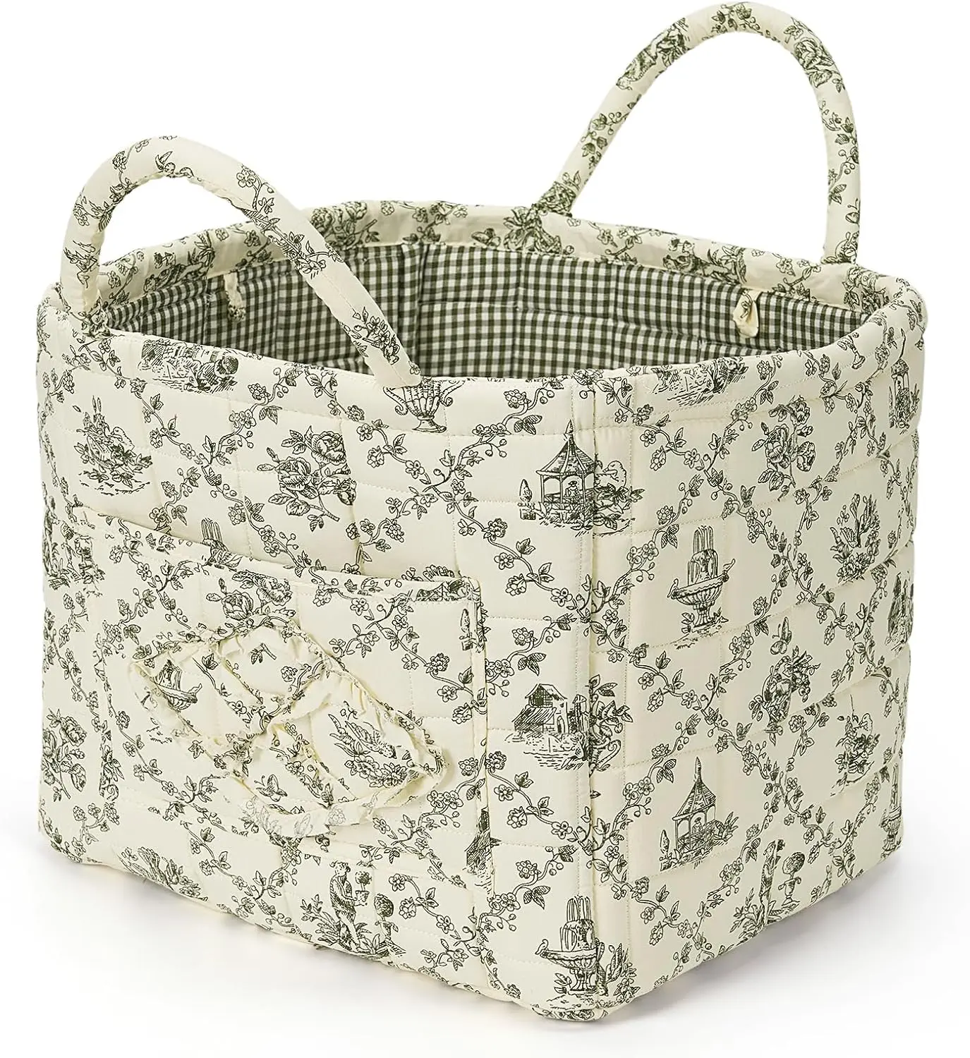 Floral Fabric Storage Basket Car Interior Storage Basket Underwear Sundries Laundry Baskets Supplies Home Organizer Bag (Green)
