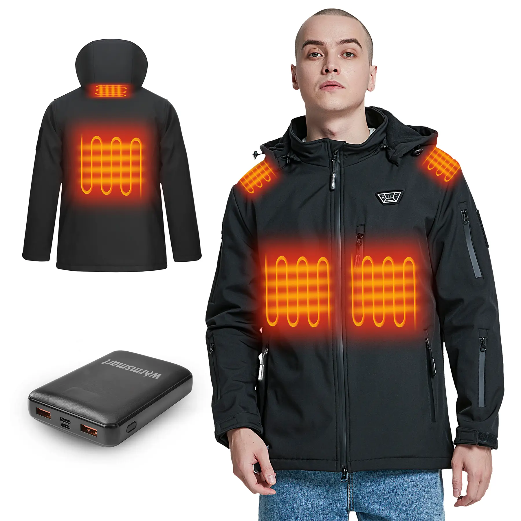 Heated jackets for Men with 14400mAh Battery Pack, Heated Coats with Detachable Hood Windproof