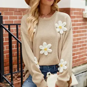 Women's3DFlowerSweatersFashionLongSleeveCrewNecklineLooseKnitPulloverTops