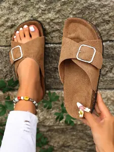 Women's Summer Breathable Cork Sandals, Fashion Buckle Flip Flops, Casual Flat Slippers, Beach Walking Daily Use, Soft Sole, Non-Slip, Multi-Color, Casual Summer Footwear