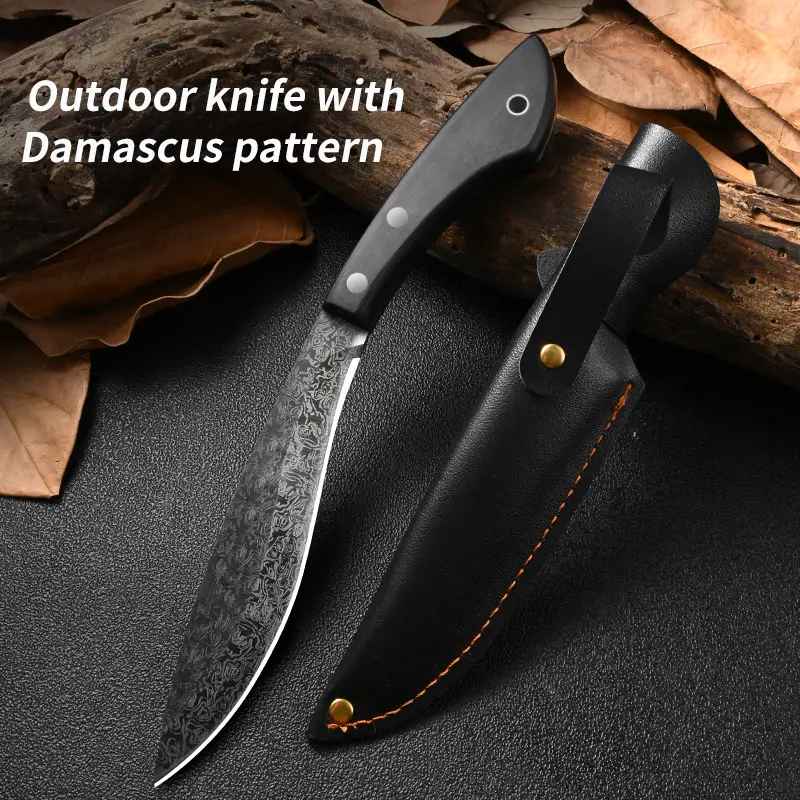 A Damascus pattern multi-functional knife with a multi-functional sharp blade, suitable for cutting meat, vegetables, fruits, and a leather storage case,g10