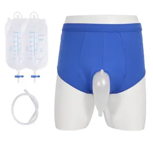 Men's Incontinence Briefs Urine Collection System Kit, Non Detachable Blue Triangle Underwear with Urinary Receiver, 2 Pack 500ml Drainage Leg Bags with Switch Valve, Bedridden Elderly Post Surgery Mobility Support Wear