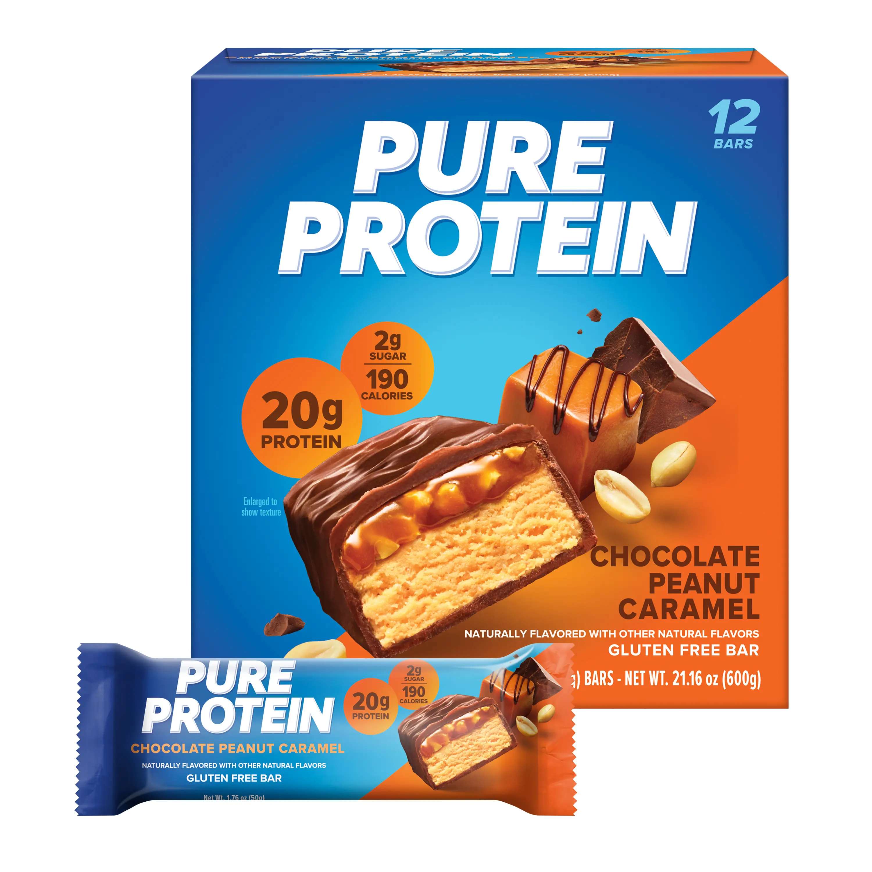 Pure Protein Chocolate Peanut Caramel Protein Bars – 20g Protein, 2g Sugar, 190 Calories (12 count) Low Sugar* High Protein Snack - Gluten Free - Perfect for a Healthy Snack