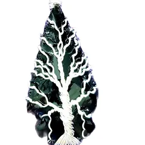 Black Obsidian Wire Wrapped Crystal Tree of Life Arrowhead Pendant