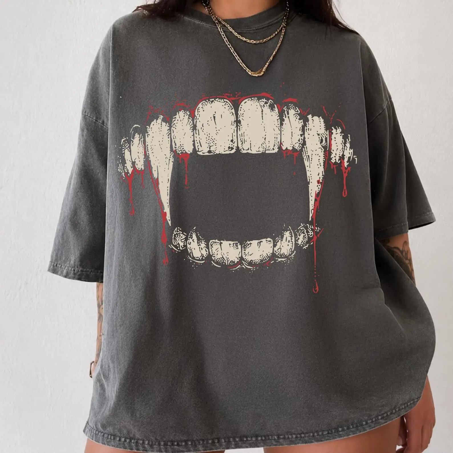 Comfort Colors Vampire Teeth Graphic T-Shirt, Gothic Horror Fang Tee, Halloween Shirt, Spooky Unisex Gift for Men and Women