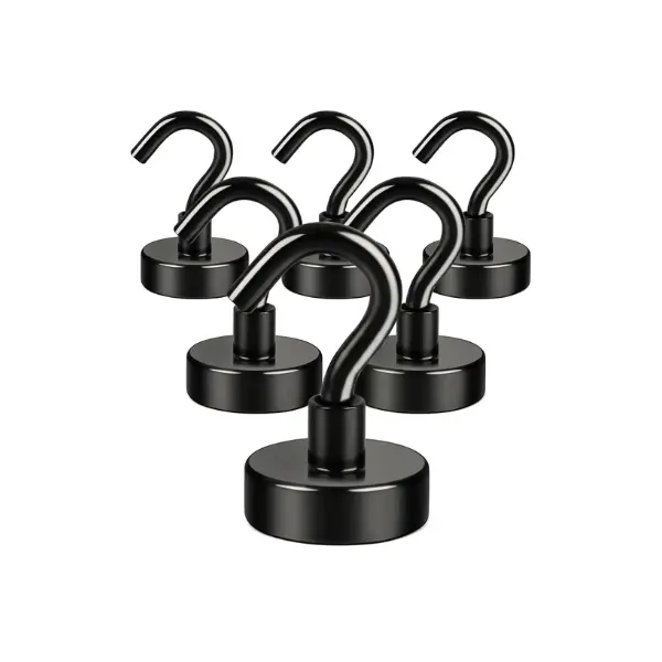 6-Pack Black Compact Neodymium Magnetic Hooks, 30LB Strong Bathroom & Garage Storage Hooks with Creative Hollow Drainage Design for Concrete Surfaces, Cruise, Kitchen Hanging Needs