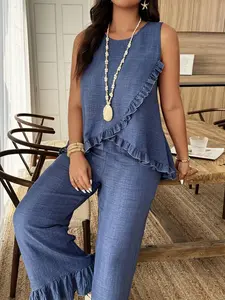 Plus Size Women's Solid Two-Piece Set, Ruffle Sleeveless Top & Wide Leg Pocket Pants, Casual Elegant Vacation, Holiday Wear Outfits