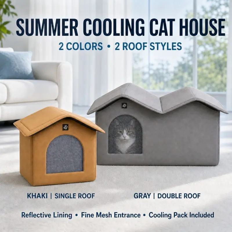 Summer Cooling Cat House with Thermal Foil Liner, Foldable Breathable Indoor Cat Cave Bed, Insulated Pet Shelter for Cats & Small Dogs, Single/Double Roof