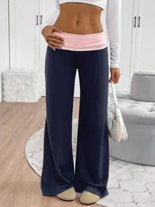 Women's Colorblock Fold Over Waist Pants, Casual Comfy Fitted Trousers for Daily Wear, Chic Clothing, Ladies Bottoms for Spring & Fall, Baggy Pants