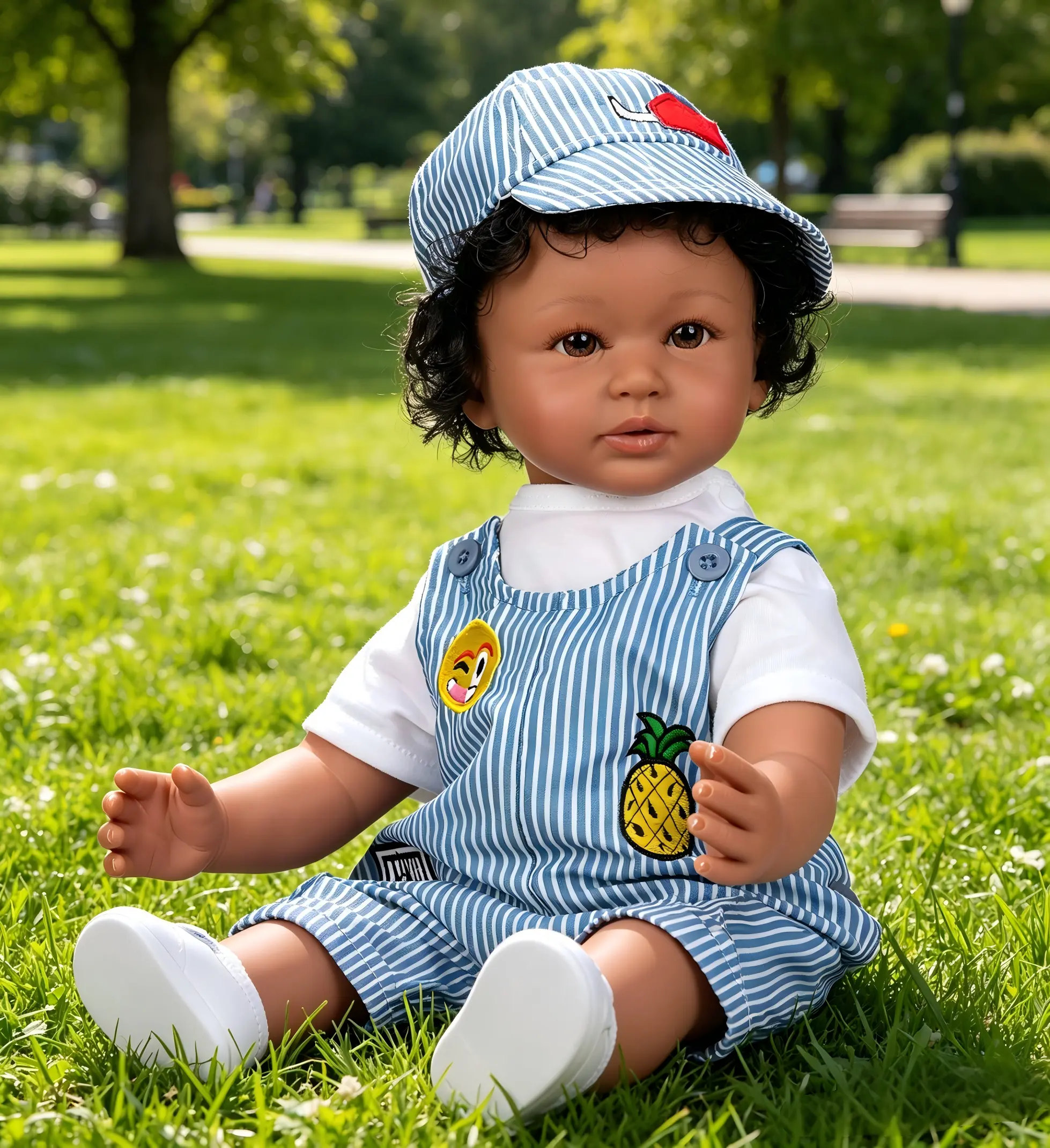 24" Lifelike Reborn Look African American Baby Boy Doll, Collectibles Cloth-Vinyl Doll with Soft Cloth Body, Brown Eyes, Rooted Curly Hair, Blue Striped Overalls, Magnetic Pacifier, Bottle, Gift Box, Lifelike Soft Dolls, Realistic Soft Dolls