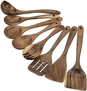 Kitchen Utensils Set 8 Piece Teak Wooden Cooking Utensil Set Non-Stick Pan Wood Spoons and Spatula Cookware for Home Everyday Use &Kitchen Tools