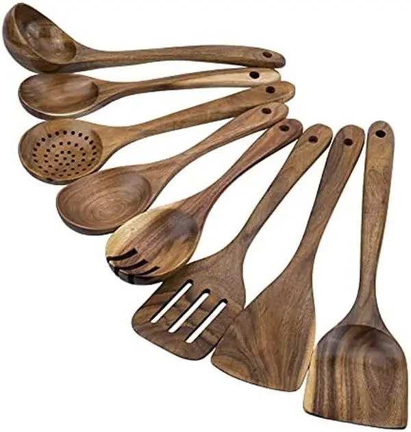 Kitchen Utensils Set 8 Piece Teak Wooden Cooking Utensil Set Non-Stick Pan Wood Spoons and Spatula Cookware for Home Everyday Use &Kitchen Tools