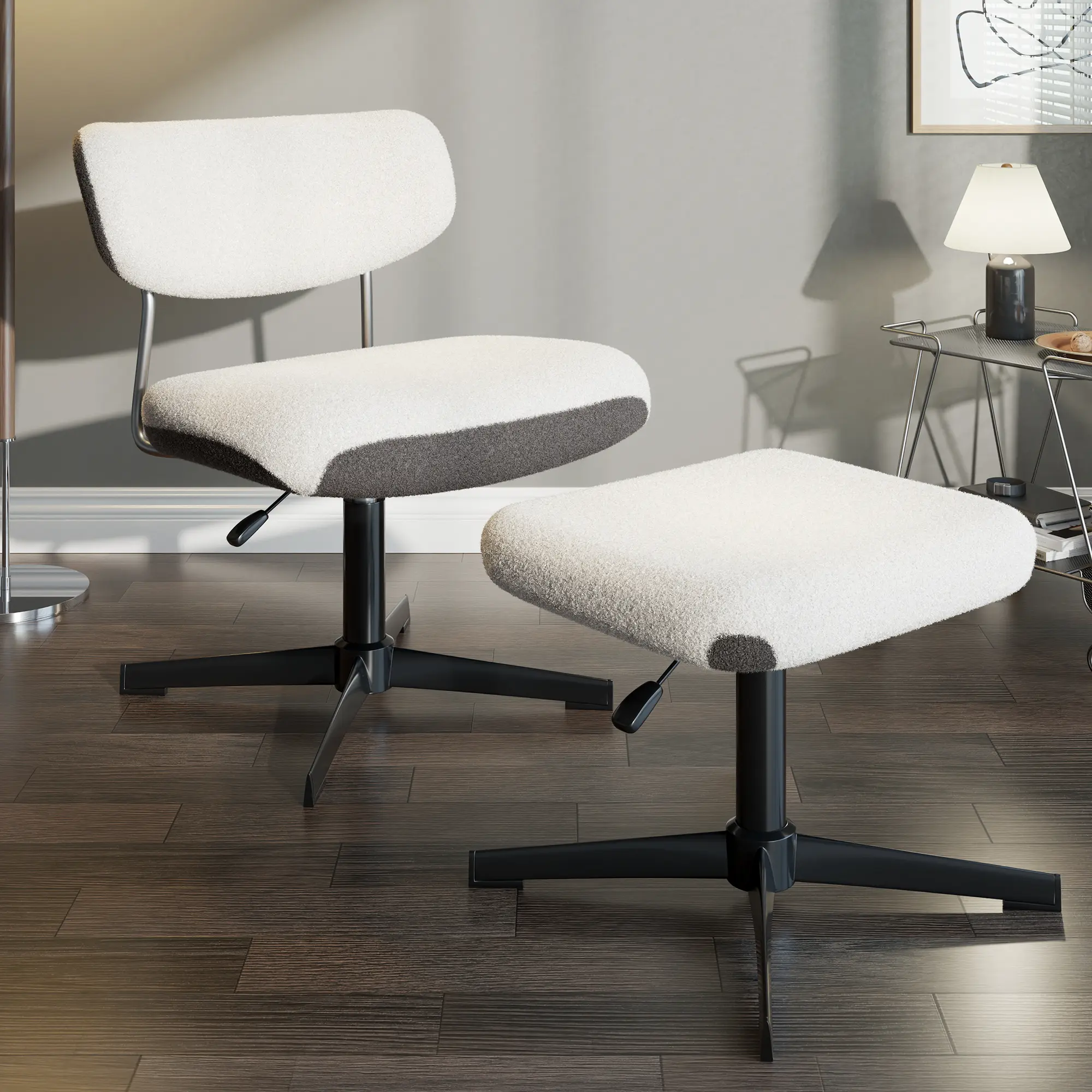 VanAcc Swivel Accent Chair w Ottoman Set with Ergonomic Backrest, Boucle/Corduroy Contrast Color Upholstered Seat, Comfy Lounge Reading Chair