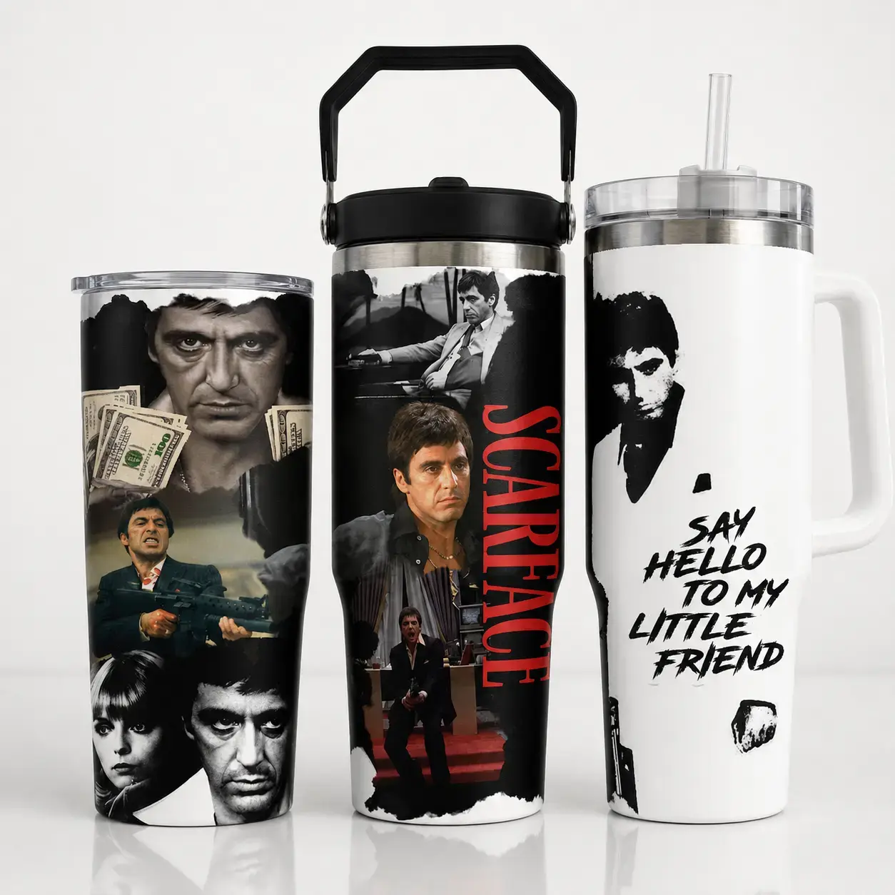 Gangster Mobster Movie Tumbler 40oz & 30oz With Handle, Red Crime Drama Travel Cup, Little Friend Stainless Steel Drinkware