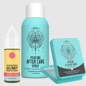 Base Laboratories Piercing Aftercare Kit | Saline Piercing Aftercare Spray - Keloid Bump Removal Oil - Piercing Cleaner Gel Swab Aftershave Smooth Aftershave Foam