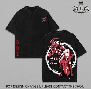 Zero Two Darling in the Franxx | Anime Double Printed Washed Tee Hoodie Sweatshirt | Oversized Vintage Graphic | Heavyweight Cotton | Y2K Mecha Waifu Streetwear | Unisex Anime Shirt Gift