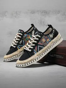 Black Canvas Colorful Printed Pattern Sneakers, Woven Comfortable Non-Slip Soles Fisherman Shoes, Men's Fashion Versatile Casual Loafers For All Seasons