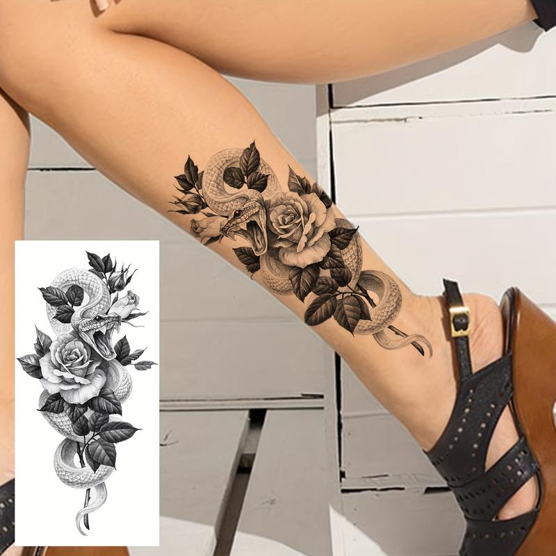 Women's Fragrance-Free PVC Glitter Solid Casual Temporary Tattoos - 6 Sheets Waterproof Fake Body Art Decals, Black Snake & Butterfly Designs, Easy to Remove, No Battery Needed, for Women & Children, Arms/Chest/Calves, All Seasons Use