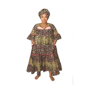 African Print Boubou Gown with Matching Headwrap - Flowy Comfortable Free-Size for Everyday Wear Lounging Cultural Events Lightweight Fabric Vibrant Colors Roomy Fit. Model is 5ft tall
