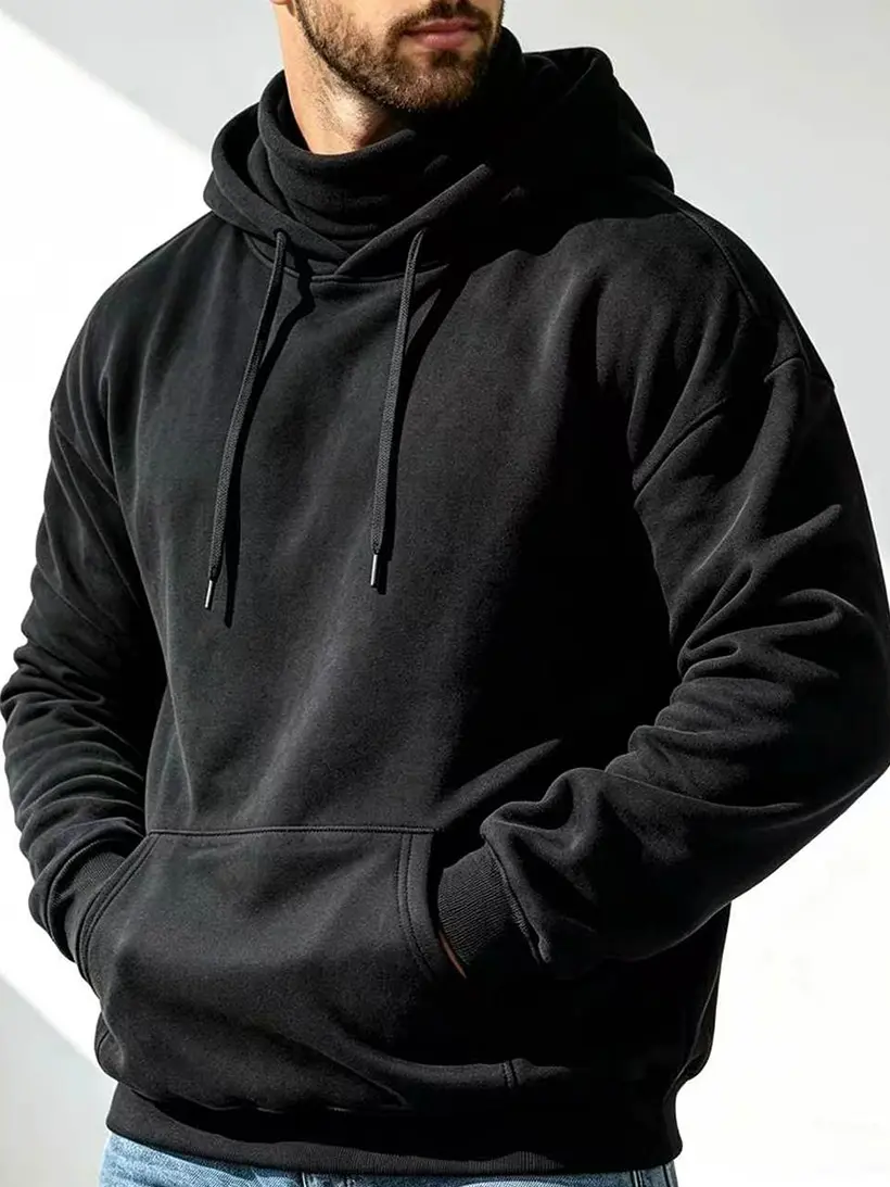 Men’s hooded sweatshirt featuring a built-in high collar for wind protection and warmth; pullover hoodie with face-covering design to help prevent social anxiety; tie-dye pattern; streetwear style; suitable for everyday outdoor wear in autumn and winter.