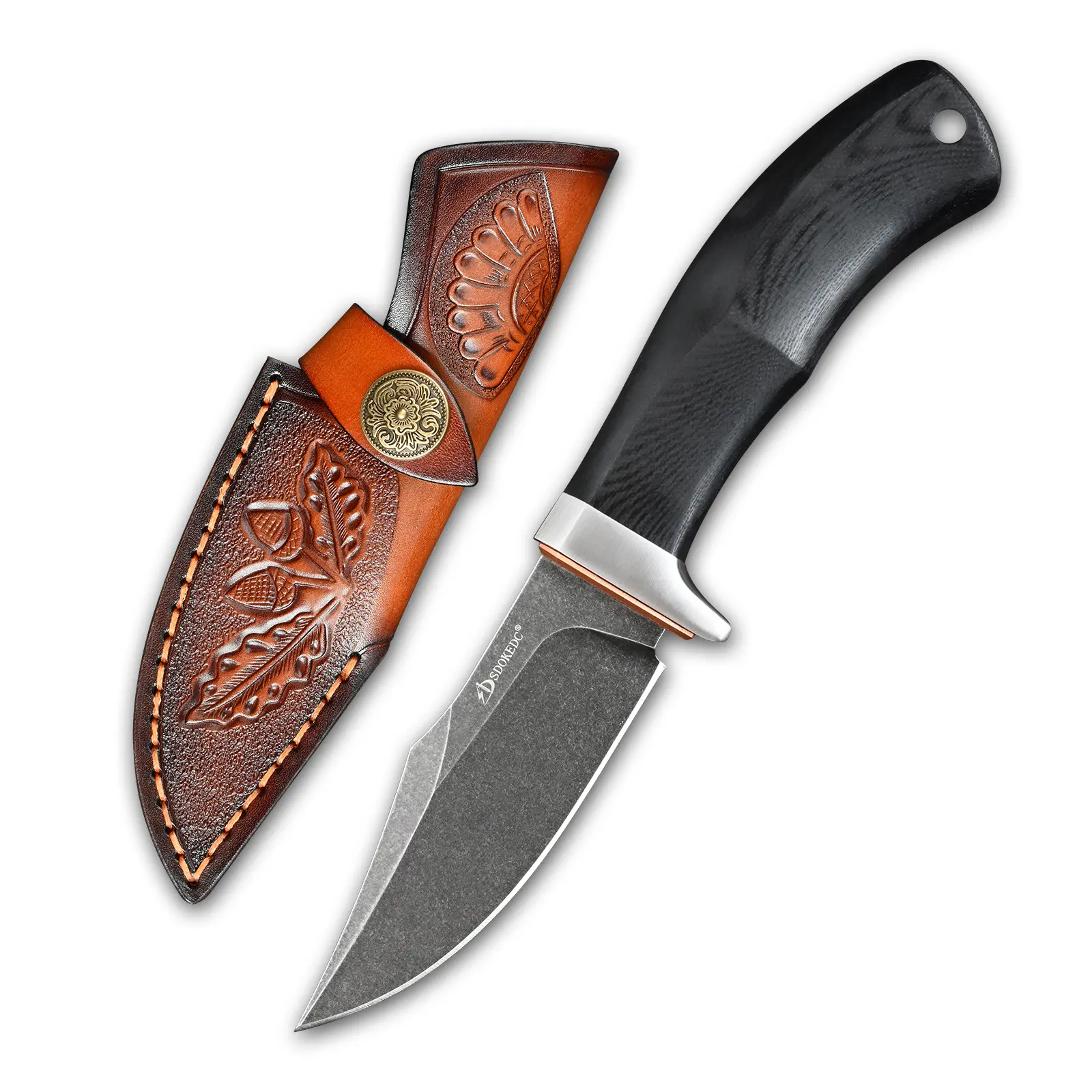 SDOKEDC DC53 Steel Fixed Blade Knife, Lightweight Black Stone Wash Blade, G10 Handle With Leather Sheath & Gift Box For Camping Fishing EDC, Stone Wash Finish