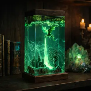 3D Dragon Resin Sculpture Fire Breath Castle Diorama Fantasy Home Decor Gothic Art Piece Wooden Base Desk Shelf Decoration Unique Gift for Dragon Lovers
