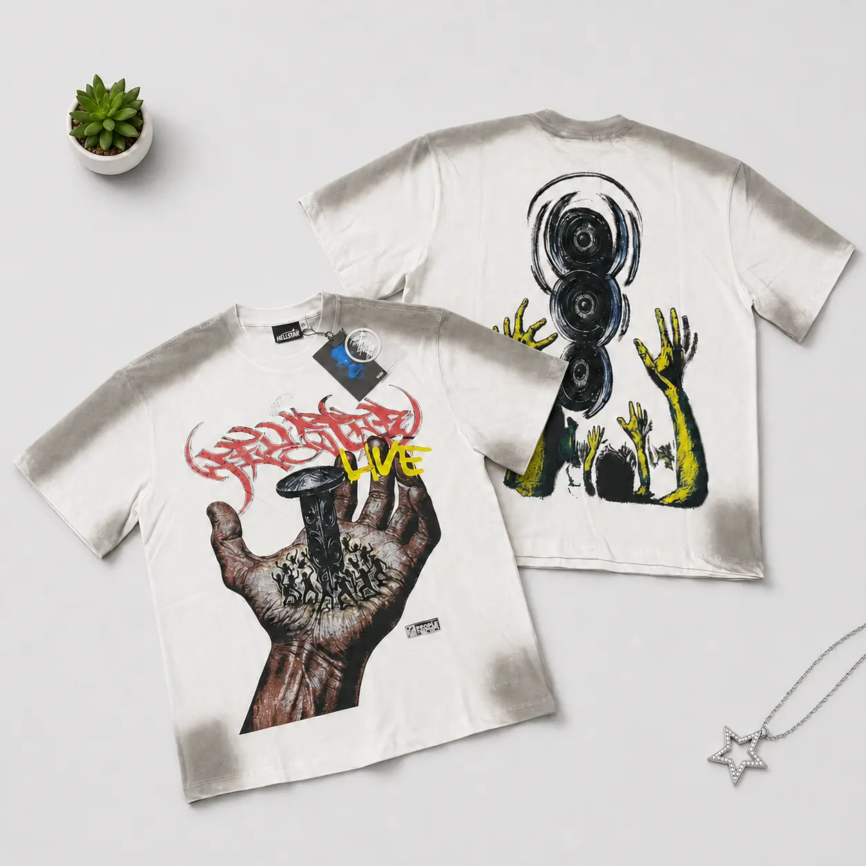 HELLSTAR Men's Pure Cotton World Revolution Tour T-Shirt, Vintage Double-Sided Oversized Rap Tee, Y2K Hip Hop Streetwear