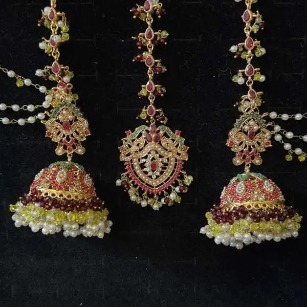 Classic Navratan XL Jhumkas and Tikka Set for Women, Traditional Ethnic Drop Earrings for Wedding & Festivals, Female, Elegant, Xl Size, Party, Colorful Ethnic Jewelry Sets, Classic Indian Jewelry, Matching Tikka, Indian Style Jewelry Sets