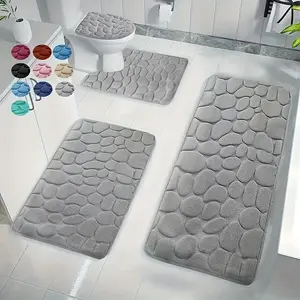 4pcs/sets Bathroom Anti-slip Mat Four-piece Set, ins style European and American Simple Toilet Floor Mat, Flannel Material, 3D Three-dimensional Pebbles, Embossed Craft. Super Absorbency, Anti-slip Design, Comfortable Foot Feeling, Easy to