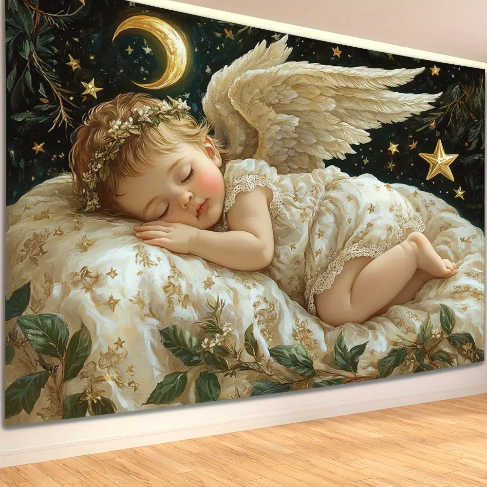 Classic Synthetic Polyester Religious Wall Hanging Tapestry - 1-Piece 3D Visual Effect Sleeping Angel Ornament, Feather-Free, No Electricity Needed, Ideal for Indoor Living Room Decor & Creative Gift