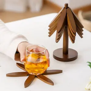 Ideal Wooden Cup Coaster Set - 4 Tree Shape Trivets + 1 Storage Stand Brown Heat Resistant Mat for Hot Dishes Pots Teapots