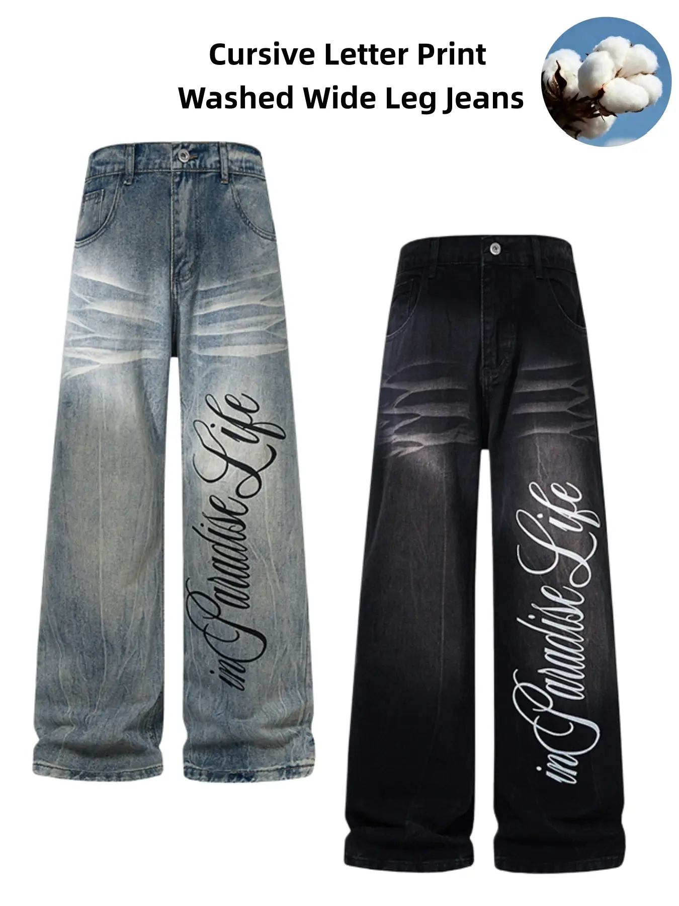 Men's Cursive Letter Print Washed Wide Leg Jeans, Vintage Whisker Fade Baggy Denim Pants, Retro Script Graphic Loose Streetwear Trousers, Oversized Hip Hop Denim Bottoms For Trendy Urban Outfits