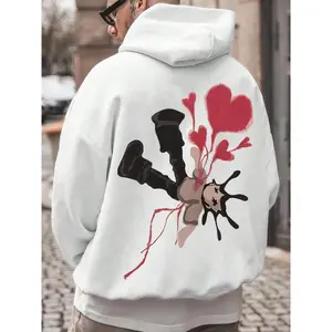 Men’s drop-shoulder hoodie with heart and figure print, regular fit, fashion casual style with drawstring and pocket; hooded sweatshirt for daily wear, holidays, and outdoor activities; men’s clothing for fall and winter.