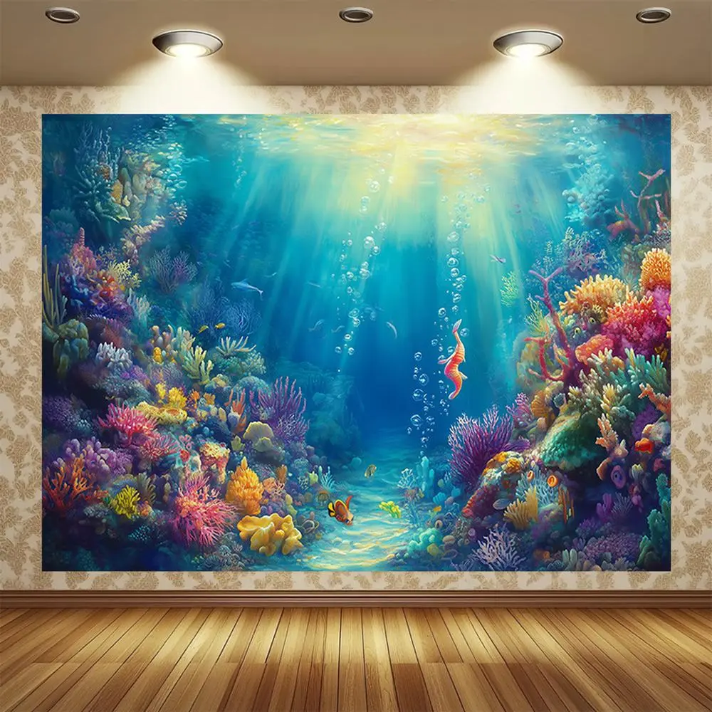 2D Flat Polyester Indoor Large Photography Backdrop, HD Digitally Printed Vibrant Underwater Coral Reef Ocean Theme Cloth, Soft Lightweight Foldable for Studio Photoshoot, Party Decor