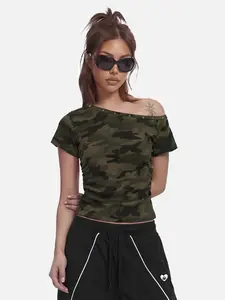 Aelfric Eden CAMO Off The Shoulder Baby Tee Slim Fit Short Sleeve Studded Neck Summer Streetwear Y2K Top