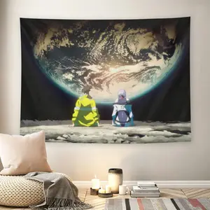 Cyberpunk Anime Couple Moon Earth View Wall Flag, Futuristic Sci-Fi Tapestry, Mid-century Modern Black Flash Manga Living Room Wall Decor for Adult Fans, Lovers Watching Earth From Moon Wall Hanging